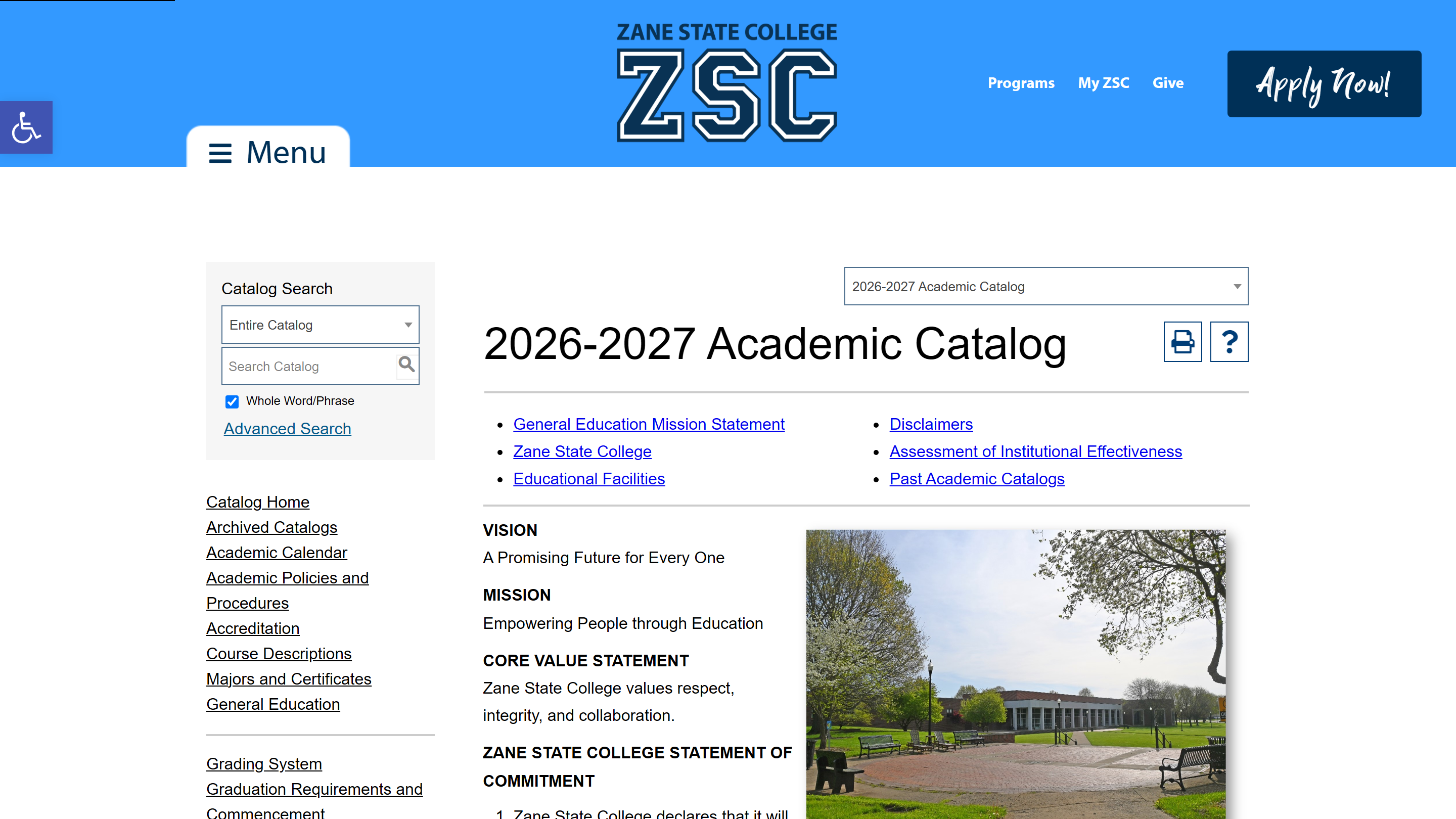 Zane State Academic Catalog website